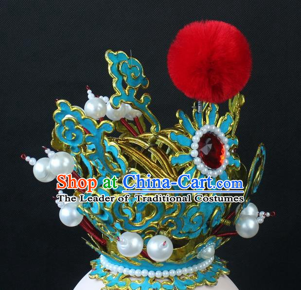 Traditional China Beijing Opera Lang Scholar Niche Sun Wukong Green Tuinga, Ancient Chinese Peking Opera Crown Prince Headwear
