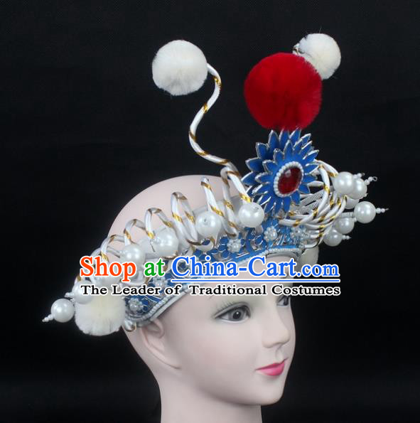 Traditional China Beijing Opera Swordplay Hair Accessories Pearls Hat, Ancient Chinese Peking Opera Blues Headwear