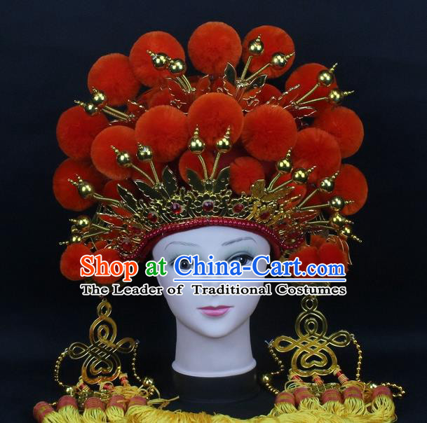 Traditional China Beijing Opera Young Lady Hair Accessories Female General Helmet, Ancient Chinese Peking Opera Swordplay Orange Venonat Headwear