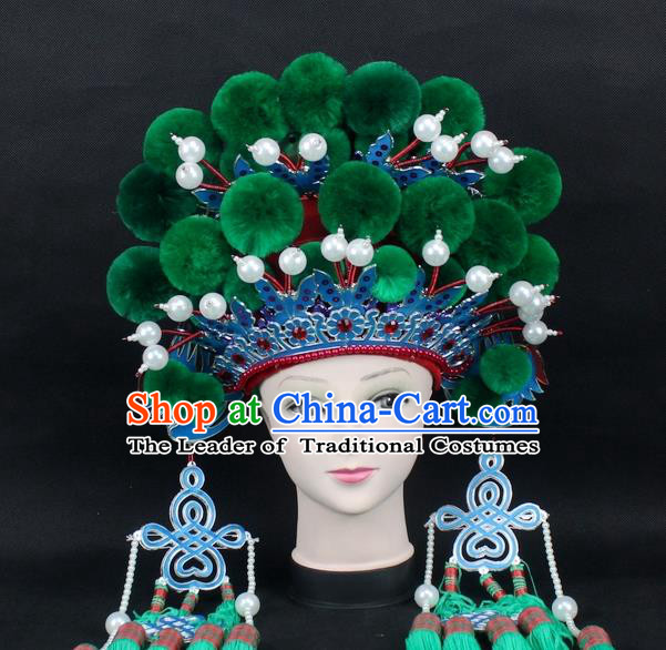 Traditional China Beijing Opera Young Lady Hair Accessories Female General Helmet, Ancient Chinese Peking Opera Swordplay Green Venonat Headwear