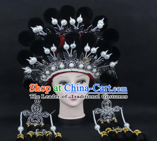 Traditional China Beijing Opera Young Lady Hair Accessories Female General Helmet, Ancient Chinese Peking Opera Swordplay Black Venonat Headwear