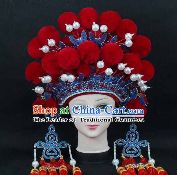 Traditional China Beijing Opera Young Lady Hair Accessories Female General Helmet, Ancient Chinese Peking Opera Swordplay Red Venonat Headwear