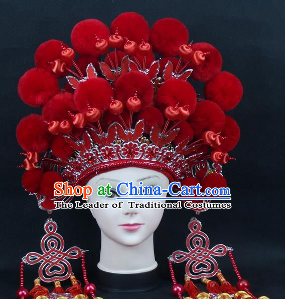 Traditional China Beijing Opera Young Lady Hair Accessories Female General Helmet, Ancient Chinese Peking Opera Swordplay Red Venonat Headwear