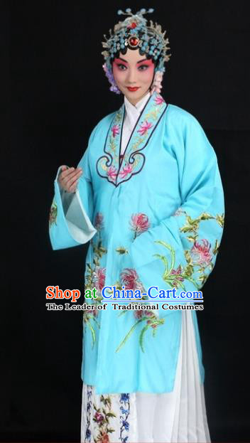 Traditional China Beijing Opera Young Lady Hua Tan Costume Blue Embroidered Cape, Ancient Chinese Peking Opera Female Diva Embroidery Chrysanthemum Dress Clothing