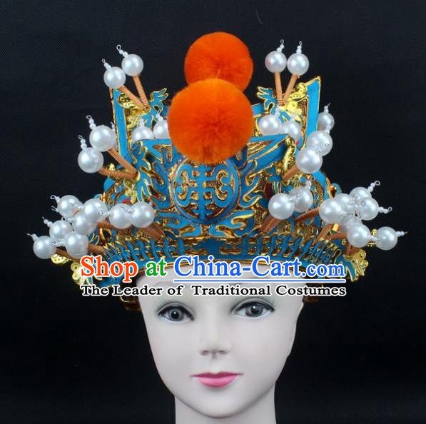 Traditional China Beijing Opera Hair Accessories Orange Venonat General Hat, Ancient Chinese Peking Opera Takefu Helmet Pearls Headwear