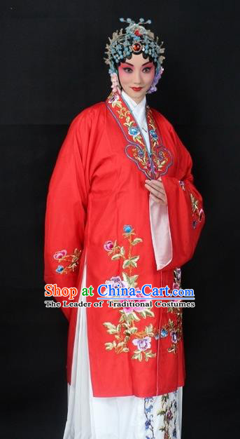 Traditional China Beijing Opera Young Lady Hua Tan Costume Red Embroidered Cape, Ancient Chinese Peking Opera Female Diva Embroidery Peony Dress Clothing