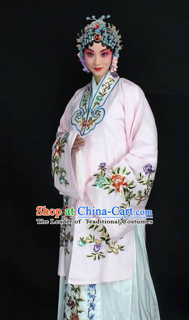 Traditional China Beijing Opera Young Lady Hua Tan Costume Light Pink Embroidered Cape, Ancient Chinese Peking Opera Female Diva Embroidery Peony Dress Clothing