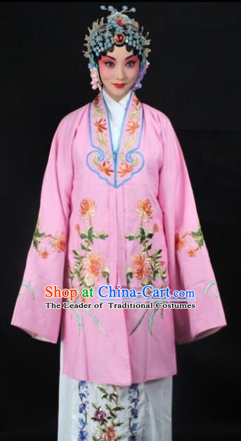Traditional China Beijing Opera Young Lady Hua Tan Costume Pink Embroidered Shawl, Ancient Chinese Peking Opera Female Diva Embroidery Chrysanthemum Dress Clothing