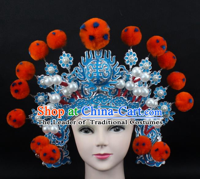 Traditional China Beijing Opera Hair Accessories Orange Venonat General Hat, Ancient Chinese Peking Opera Takefu Helmet Headwear