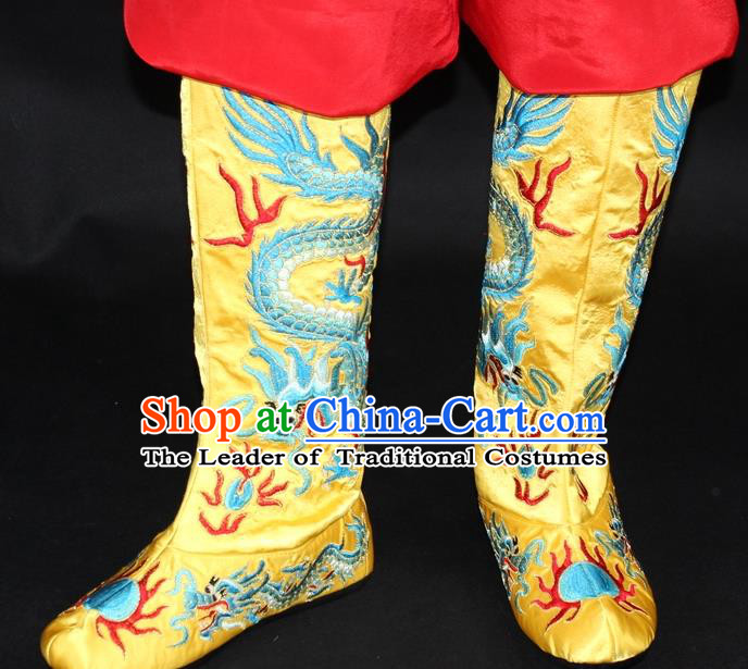 Traditional China Beijing Opera Qing Dynasty Emperor Embroidered Shoes, Ancient Chinese Peking Opera Embroidery Dragons Yellow Boots