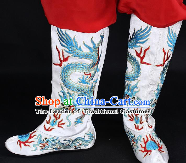 Traditional China Beijing Opera Qing Dynasty Emperor Embroidered Shoes, Ancient Chinese Peking Opera Embroidery Dragons White Boots