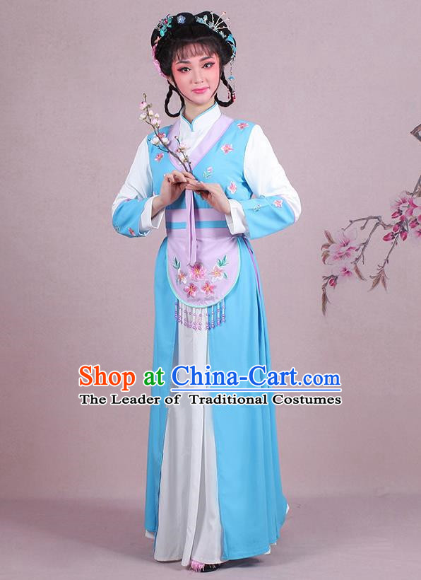 Traditional China Beijing Opera Young Lady Hua Tan Costume Servant Girl Embroidered Blue Clothing, Ancient Chinese Peking Opera Diva Embroidery Dress Clothing