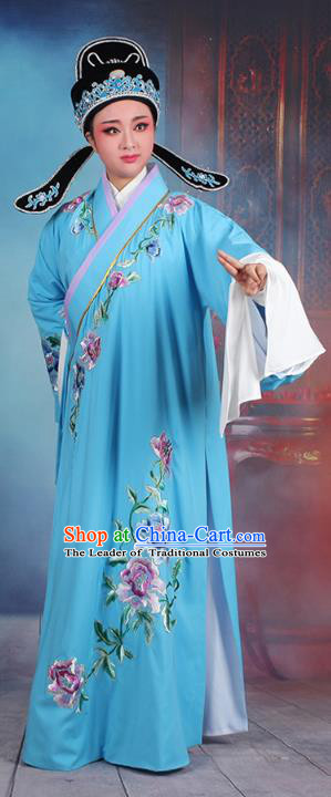 Traditional China Beijing Opera Niche Costume Gifted Scholar Deep Blue Embroidered Robe and Hat, Ancient Chinese Peking Opera Young Men Embroidery Peony Clothing