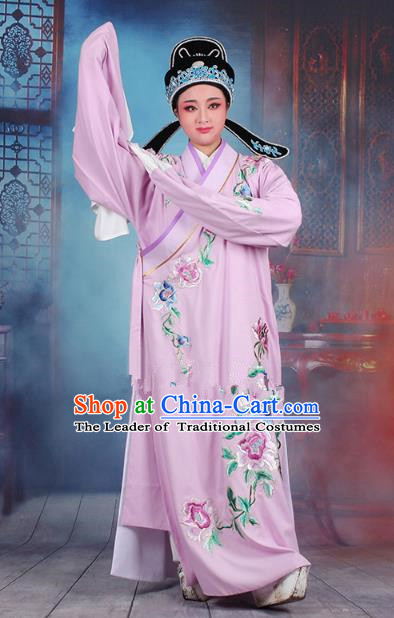 Traditional China Beijing Opera Niche Costume Gifted Scholar Purple Embroidered Robe and Hat, Ancient Chinese Peking Opera Young Men Embroidery Peony Clothing