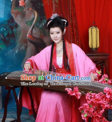 Traditional Chinese Tang Dynasty Imperial Princess Peri Costume, Elegant Hanfu Clothing Chinese Ancient Fairy Rosy Dress Clothing
