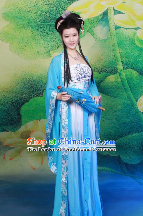 Traditional Chinese Tang Dynasty Imperial Princess Peri Costume, Elegant Hanfu Clothing Chinese Ancient Palace Lady Fairy Blue Dress Clothing