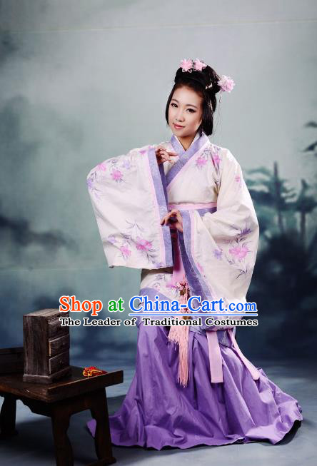 Traditional Chinese Han Dynasty Imperial Princess Peri Purple Curve Bottom Costume, China Ancient Hanfu Dress Palace Lady Hand Painting Clothing for Women