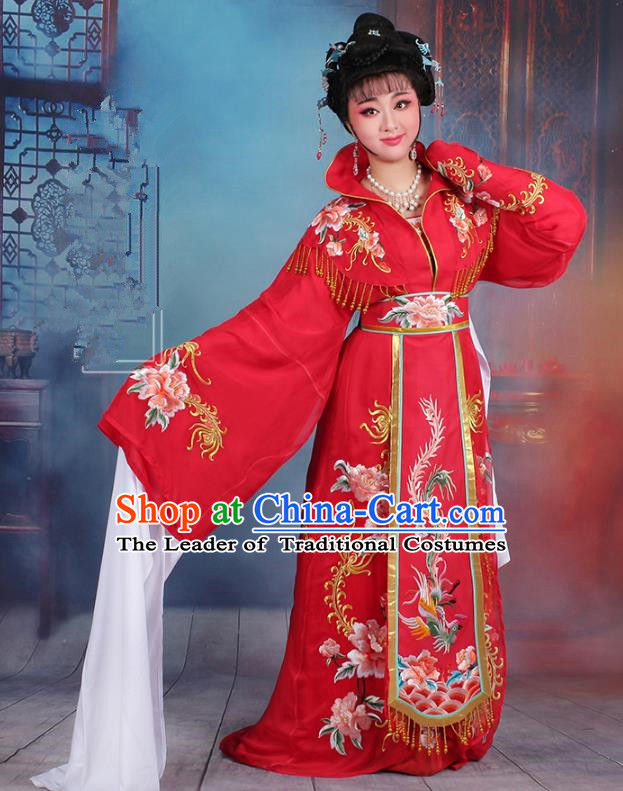 Traditional China Beijing Opera Palace Lady Hua Tan Costume Red Embroidered Dress, Ancient Chinese Peking Opera Diva Senior Concubine Embroidery Peony Clothing