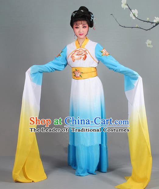 Traditional China Beijing Opera Palace Lady Hua Tan Costume Gradient Blue Water Sleeve Dress, Ancient Chinese Peking Opera Diva Senior Concubine Embroidery Clothing