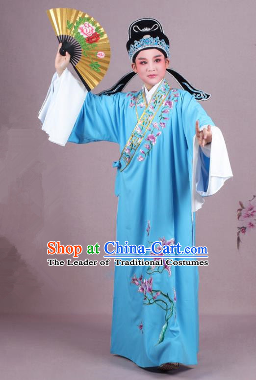 Traditional China Beijing Opera Niche Costume Gifted Scholar Blue Embroidered Robe and Hat, Ancient Chinese Peking Opera Young Men Embroidery Mangnolia Clothing