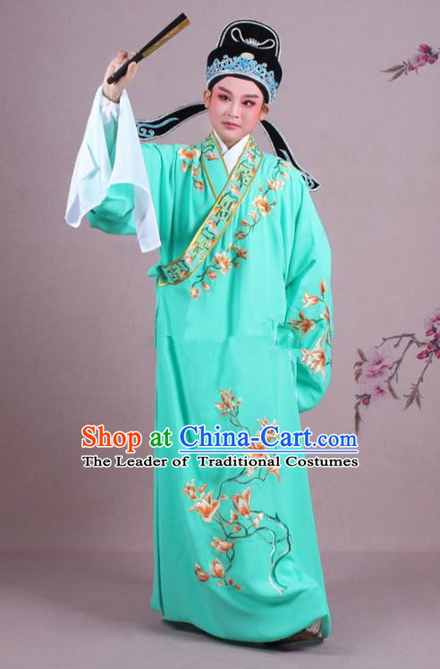 Traditional China Beijing Opera Niche Costume Gifted Scholar Green Embroidered Robe and Hat, Ancient Chinese Peking Opera Young Men Embroidery Mangnolia Clothing