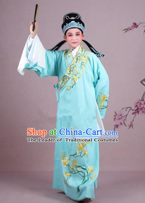 Traditional China Beijing Opera Niche Costume Gifted Scholar Light Blue Embroidered Robe and Hat, Ancient Chinese Peking Opera Young Men Embroidery Mangnolia Clothing