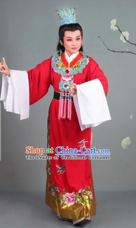 Traditional China Beijing Opera Niche Costume Gifted Scholar Jia Baoyu Red Embroidered Robe and Hat, Ancient Chinese Peking Opera Young Men Embroidery Peony Clothing