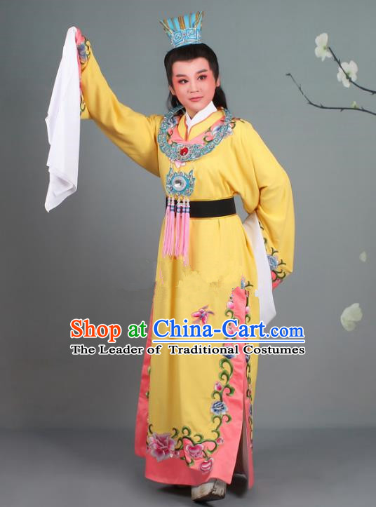 Traditional China Beijing Opera Niche Costume Gifted Scholar Jia Baoyu Yellow Embroidered Robe and Hat, Ancient Chinese Peking Opera Young Men Embroidery Peony Clothing