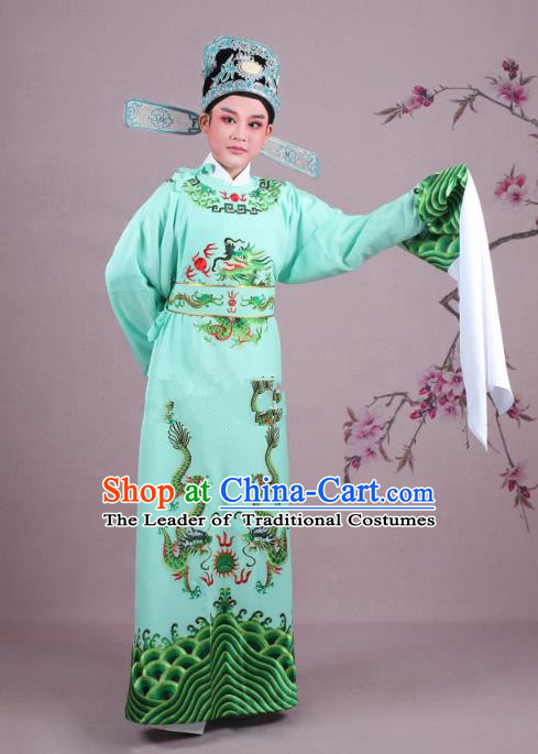 Traditional China Beijing Opera Niche Costume Lang Scholar Green Embroidered Robe and Hat, Ancient Chinese Peking Opera Magistrate Embroidery Dragons Gwanbok Clothing