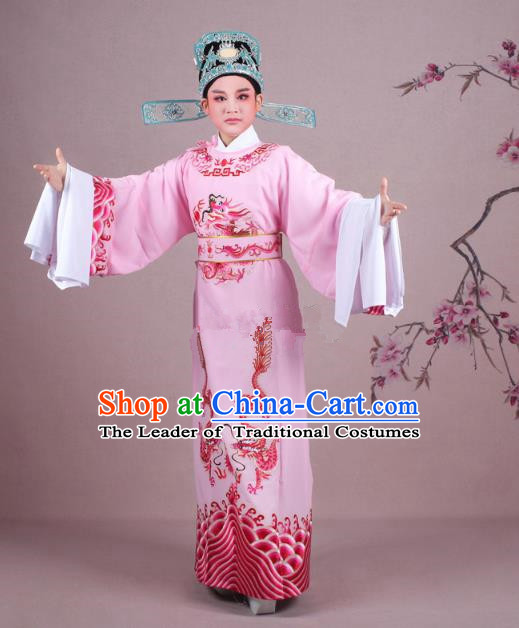 Traditional China Beijing Opera Niche Costume Lang Scholar Pink Embroidered Robe and Hat, Ancient Chinese Peking Opera Magistrate Embroidery Dragons Gwanbok Clothing