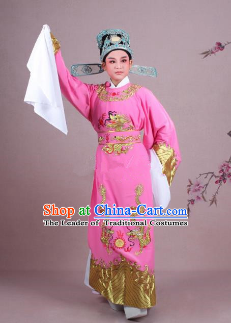 Traditional China Beijing Opera Niche Costume Lang Scholar Pink Embroidered Robe and Hat, Ancient Chinese Peking Opera Emperor Son-in-law Embroidery Gwanbok Clothing