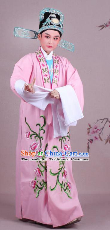 Traditional China Beijing Opera Niche Costume Gifted Scholar Pink Embroidered Cape and Hat, Ancient Chinese Peking Opera Young Men Embroidery Peony Clothing