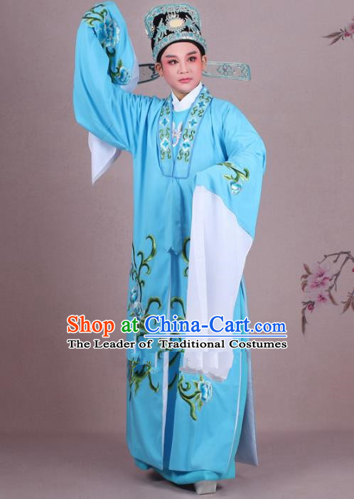 Traditional China Beijing Opera Niche Costume Gifted Scholar Blue Embroidered Cape and Hat, Ancient Chinese Peking Opera Young Men Embroidery Peony Clothing