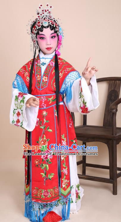 Traditional China Beijing Opera Costume Red Embroidered Dress and Headwear, Ancient Chinese Peking Opera Diva Hua Tan Embroidery Clothing for Kids
