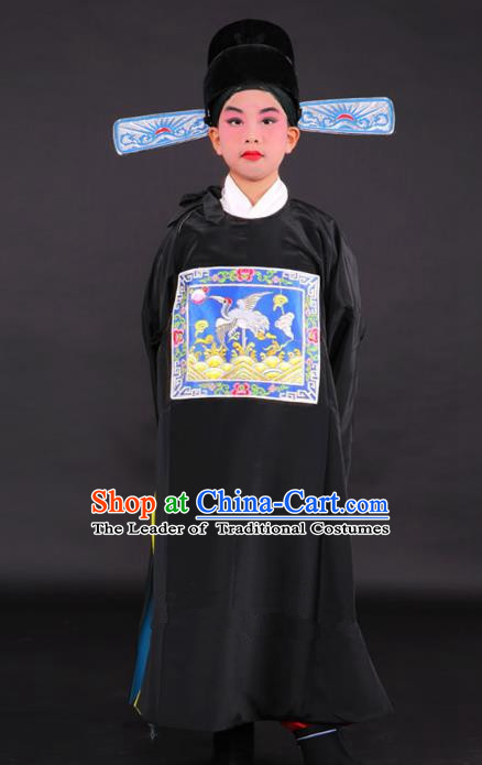 Traditional China Beijing Opera Niche Costume Lang Scholar Black Embroidered Robe and Hat, Ancient Chinese Peking Opera Embroidery Gwanbok for Kids