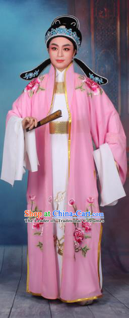Top Grade Professional Beijing Opera Niche Costume Scholar Pink Embroidered Cape, Traditional Ancient Chinese Peking Opera Embroidery Young Men Clothing