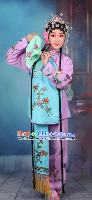 Top Grade Professional Beijing Opera Young Lady Costume Servant Girl Purple Embroidered Clothing, Traditional Ancient Chinese Peking Opera Maidservants Embroidery Clothing
