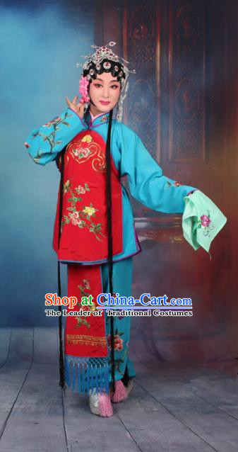 Top Grade Professional Beijing Opera Young Lady Costume Servant Girl Blue Embroidered Clothing, Traditional Ancient Chinese Peking Opera Maidservants Embroidery Clothing