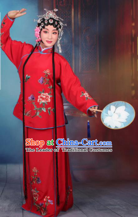 Top Grade Professional Beijing Opera Young Lady Costume Servant Girl Red Embroidered Dress, Traditional Ancient Chinese Peking Opera Maidservants Embroidery Peony Clothing