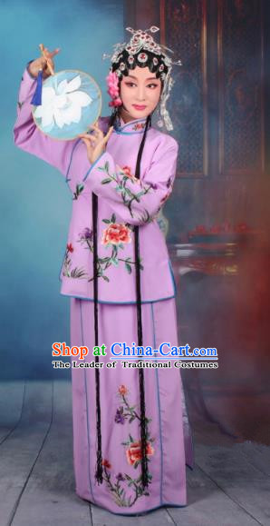 Top Grade Professional Beijing Opera Young Lady Costume Servant Girl Purple Embroidered Dress, Traditional Ancient Chinese Peking Opera Maidservants Embroidery Peony Clothing