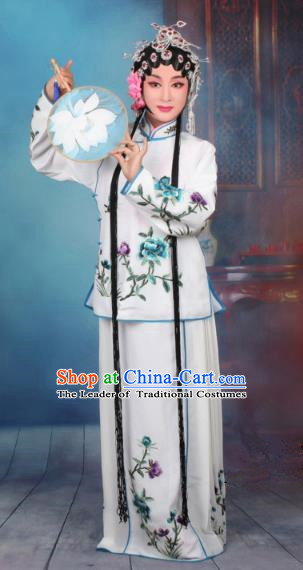 Top Grade Professional Beijing Opera Young Lady Costume Servant Girl White Embroidered Dress, Traditional Ancient Chinese Peking Opera Maidservants Embroidery Peony Clothing