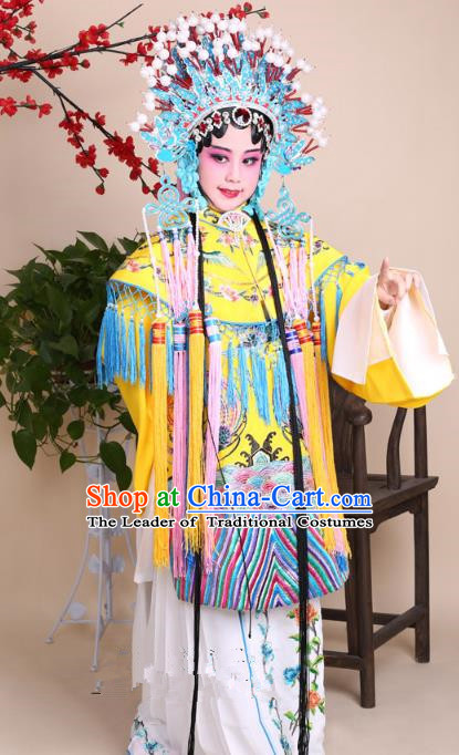 Traditional China Beijing Opera Palace Lady Costume Senior Concubine Yellow Embroidered Robe Dress, Ancient Chinese Peking Opera Diva Hua Tan Embroidery Clothing for Kids