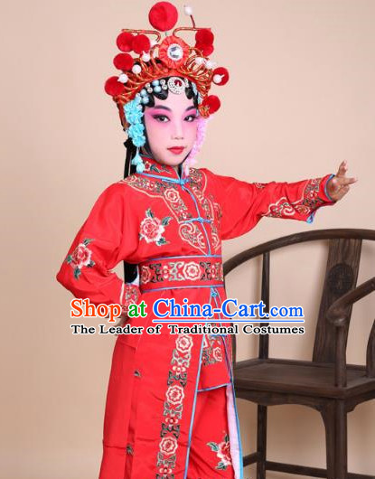 Traditional China Beijing Opera Swordplay Costume Female Warriors Red Embroidered Robe and Headwear, Ancient Chinese Peking Opera Blues Embroidery Clothing for Kids