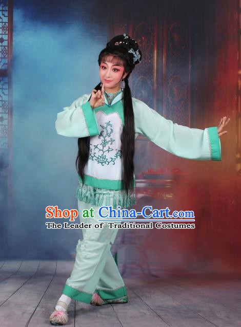 Top Grade Professional Beijing Opera Young Lady Costume Fisher Maiden Green Embroidered Clothing, Traditional Ancient Chinese Peking Opera Maidservants Embroidery Clothing