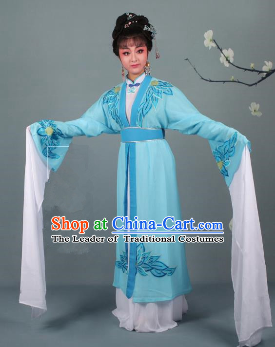 Top Grade Professional Beijing Opera Palace Lady Costume Hua Tan Blue Water Sleeve Embroidered Clothing, Traditional Ancient Chinese Peking Opera Diva Embroidery Lotus Clothing