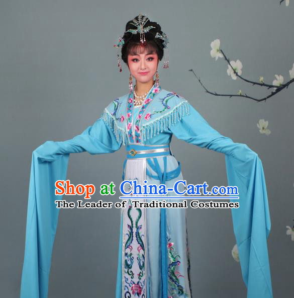 Top Grade Professional Beijing Opera Palace Lady Costume Hua Tan Blue Embroidered Dress, Traditional Ancient Chinese Peking Opera Diva Embroidery Phoenix Clothing