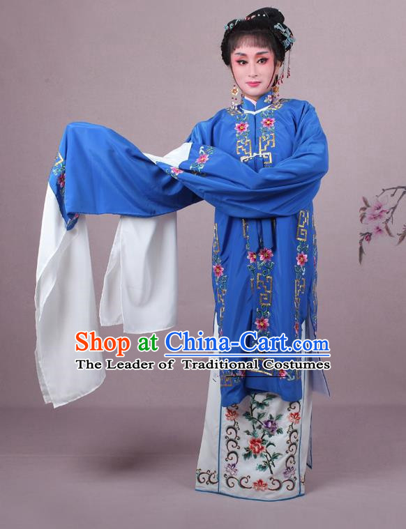Top Grade Professional Beijing Opera Female Role Costume Deep Blue Embroidered Cape, Traditional Ancient Chinese Peking Opera Diva Embroidery Clothing