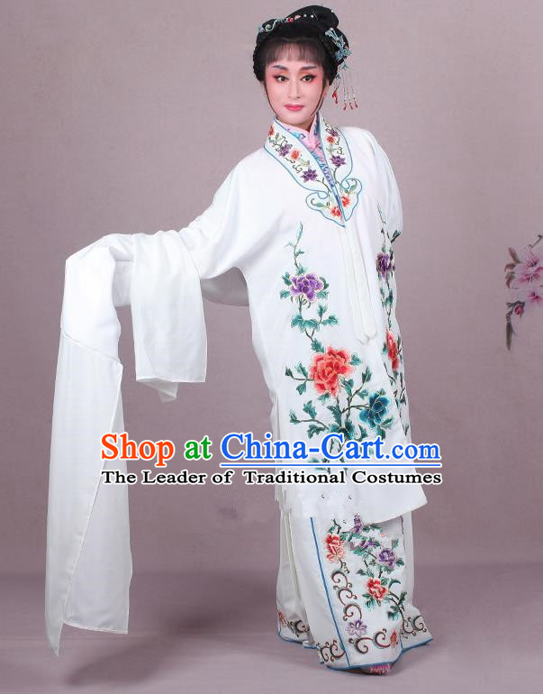 Top Grade Professional Beijing Opera Female Role Costume Imperial Concubine White Embroidered Cape, Traditional Ancient Chinese Peking Opera Diva Embroidery Peony Clothing