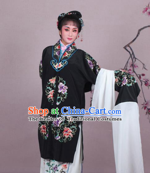 Top Grade Professional Beijing Opera Nobility Lady Costume Princess Black Embroidered Cape, Traditional Ancient Chinese Peking Opera Diva Embroidery Clothing