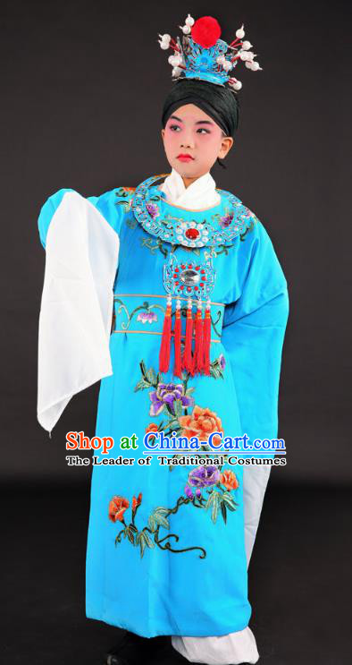 Traditional China Beijing Opera Niche Costume Gifted Scholar Blue Embroidered Robe and Headwear, Ancient Chinese Peking Opera Young Men Embroidery Gwanbok for Kids